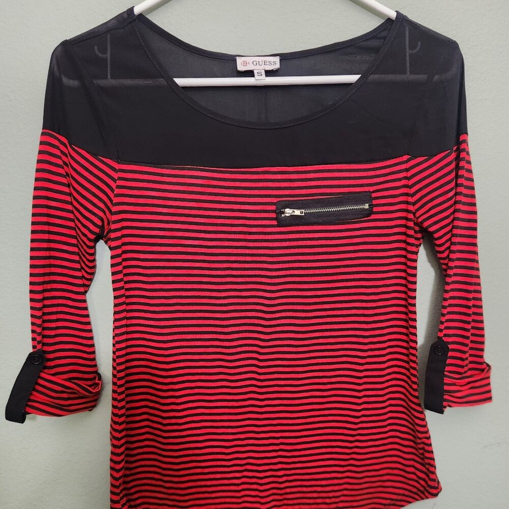 Guess Women Red Black Stripes With Sheer Top Combination Size S